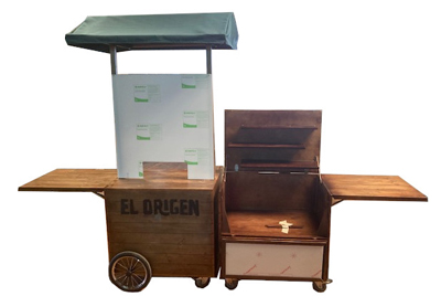 Verkaufstheke Display Talent mit ausklappbaren Arbeitsflächen, Regalen, Dach Retrodesign dunkel lasiert